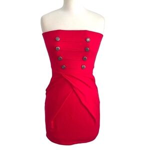 029: FOREVER 21 buttoned red sleeveless bodycon mini dress with pockets in small